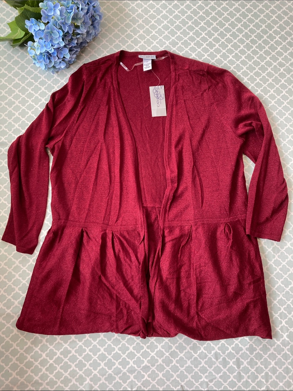 Catherines Red Shimmer Peplum Cardigan 0X NWT